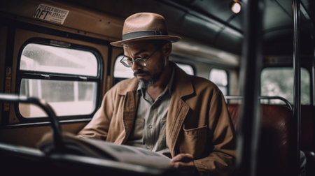 man reading Book in busの素材