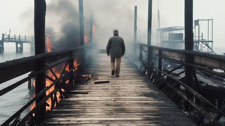 man walking from the pier that was burning in flames. back view.の素材