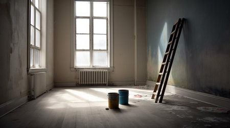 paint can and ladder in empty roomの素材