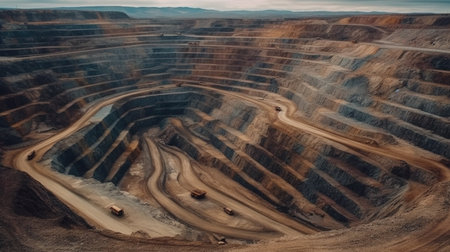 mining at a height. industrial terraces on a mineral mine with an open pit. opencast mining as seen from above. Exploration of a dolomite mine. extractive sector. massive excavator equipmentの素材