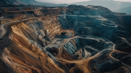 mining at a height. industrial terraces on a mineral mine with an open pit. opencast mining as seen from above. Exploration of a dolomite mine. extractive sector. massive excavator equipmentの素材
