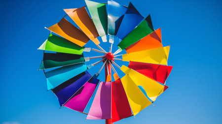 rainbow color pinwheel on blue sky backgroundの素材