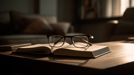 glasses on open book pageの素材