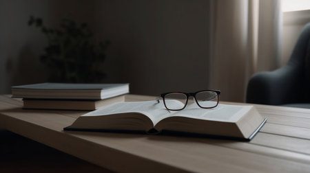 glasses on open book pageの素材