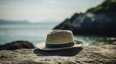 straw hat standing on stone floor in front of sea backgroundの素材