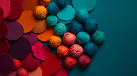 Colorful yarn balls on a green background. Flat lay, top view.の素材