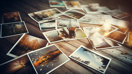 Collection of photos on a wooden background. Selective focus. Toned.の素材