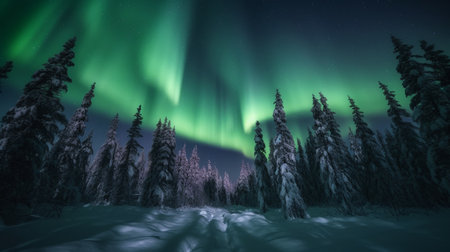 Aurora borealis, northern lights in the winter forest.の素材