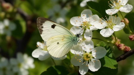A bright butterfly on the white flowers of a blossoming pear tree. Young green foliage. Sunny, spring day in the gardenの素材