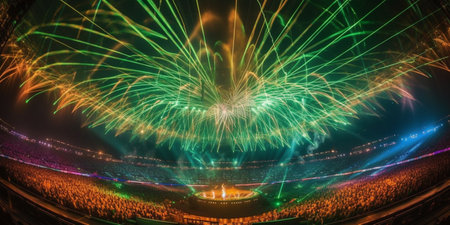 surrounded by a spectacular display of pyrotechnics, a dazzling laser showの素材