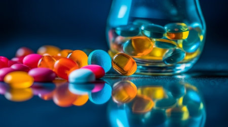 A scattering of various colorful pills. The medicine is reflected in the glass surface against a bright blue background.の素材