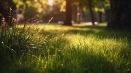 Green grass with sunlight in the park at sunset. nature background.の素材
