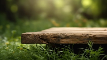 A wooden table product display with lush green garden background of grass and blurred foliageの素材