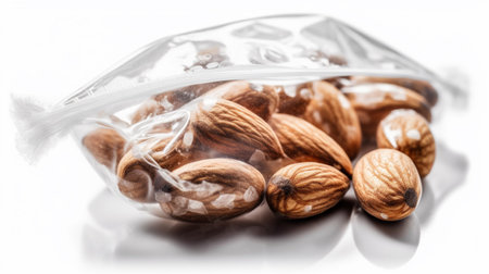 Almonds in a transparent plastic bag isolated on white backgroundの素材