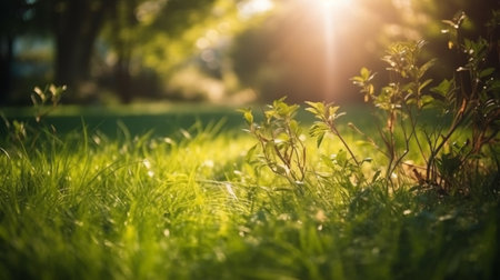Fresh green garden grass lawn in springの素材