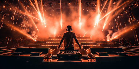 A professional DJ performing in a massive stadiumの素材