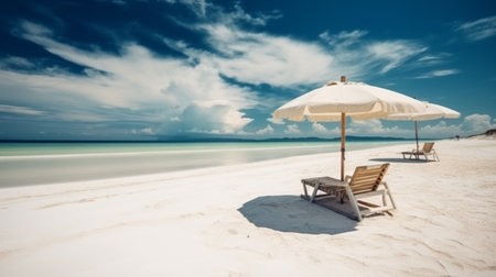White sand, chairs and umbrella travel tourism wide panorama backgroundの素材