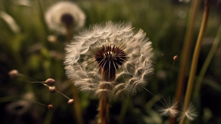 Beautiful dandelion closeup with seeds blowing away in the windの素材