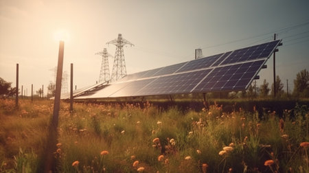 solar energy panels in a field with power line in the backgroundの素材