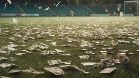 Banknotes raining on the soccer fieldの素材
