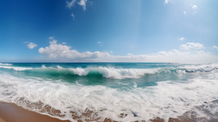 Beautiful panoramic seascape with surf waves against a blue sunny sky with clouds.の素材