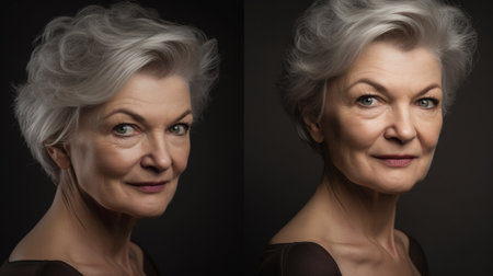 Portrait of beautiful senior woman with gray hair on black background.の素材