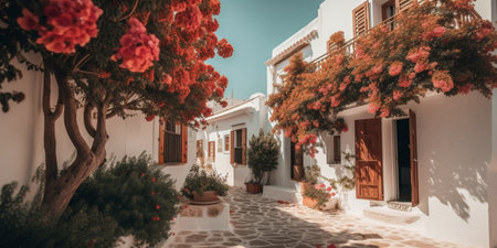 Bougainvillea flower in front of white houses. Bodrum, Turkeyの素材