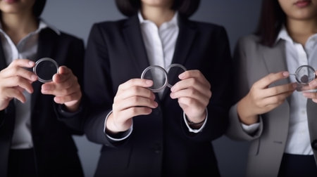 Group of business people holding magnifying glass. Focus on magnifying glassの素材