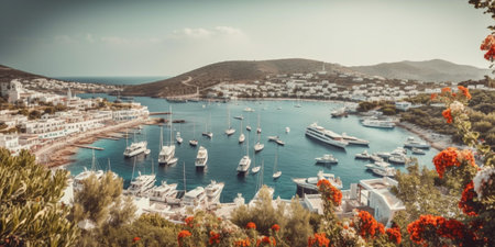 Bodrum city background. Aegean sea, traditional white houses, flowers, marina, sailing boats, yachts in Bodrum town Turkeyの素材