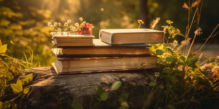Books stacked on a natural backgroundの素材