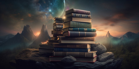 Books stacked on a magical backgroundの素材