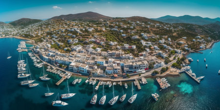 Bodrum city background. Aegean sea, traditional white houses, flowers, marina, sailing boats, yachts in Bodrum town Turkeyの素材