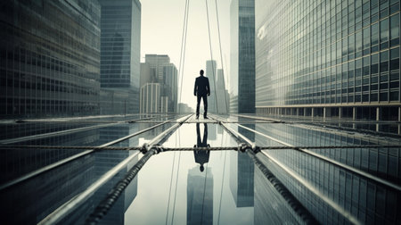 Businessman walking on tightrope between 2 business center buildingsの素材