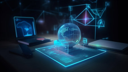 Globe and tablet on dark background 3D rendering elements of this image furnished by NASAの素材