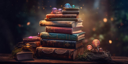 Books stacked on a magical backgroundの素材