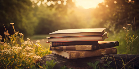 Books stacked on a natural backgroundの素材
