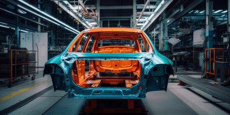 Car bodies are on assembly line factory for production of cars modern automotive industry a car being checked before being painted in a hightech enterpriseの素材