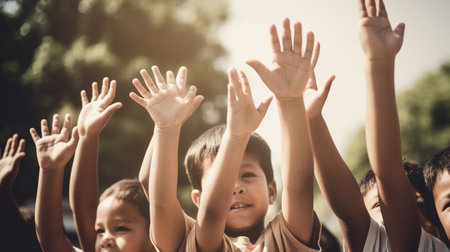 Group of children raising their hands up in the park. Education concept.の素材