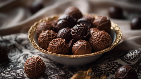 Chocolates in a round bowl on a white lace tableclothの素材