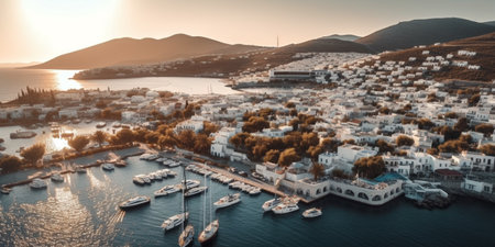 Bodrum city background. Aegean sea, traditional white houses, flowers, marina, sailing boats, yachts in Bodrum town Turkeyの素材