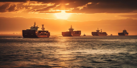 Cargo ships on the sea at sunsetの素材