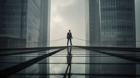 Businessman walking on tightrope between 2 business center buildingsの素材