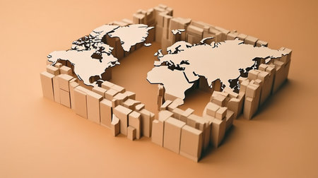 Carton world map. Global logistics, shipping and worldwide delivery businessの素材