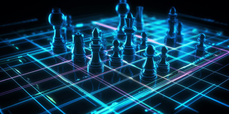 Concept of Strategy business ideas for Innovation planning and planning idea chess competition,futuristic graphic icon and gold chess board game black color tone with financial stock line backgroundの素材
