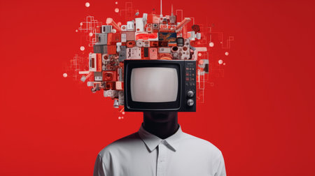 Contemporary art collage of male with TV instead head isolated over red backgroundの素材