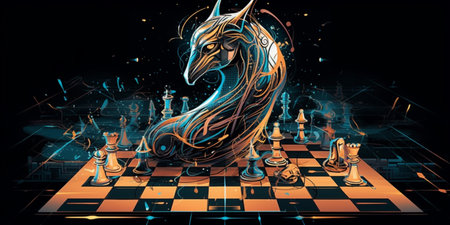 Concept of Strategy business ideas for Innovation planning and planning idea chess competition,futuristic graphic icon and gold chess board game black color tone with financial stock line backgroundの素材