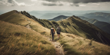 Couple of hikers on the trail in mountains. back viewの素材