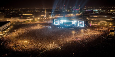Concert venue surrounded by thousands of peopleの素材