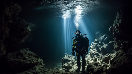 Diver's exploring underwater caveの素材