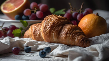 Croissant with fruit on a white lace tableclothの素材